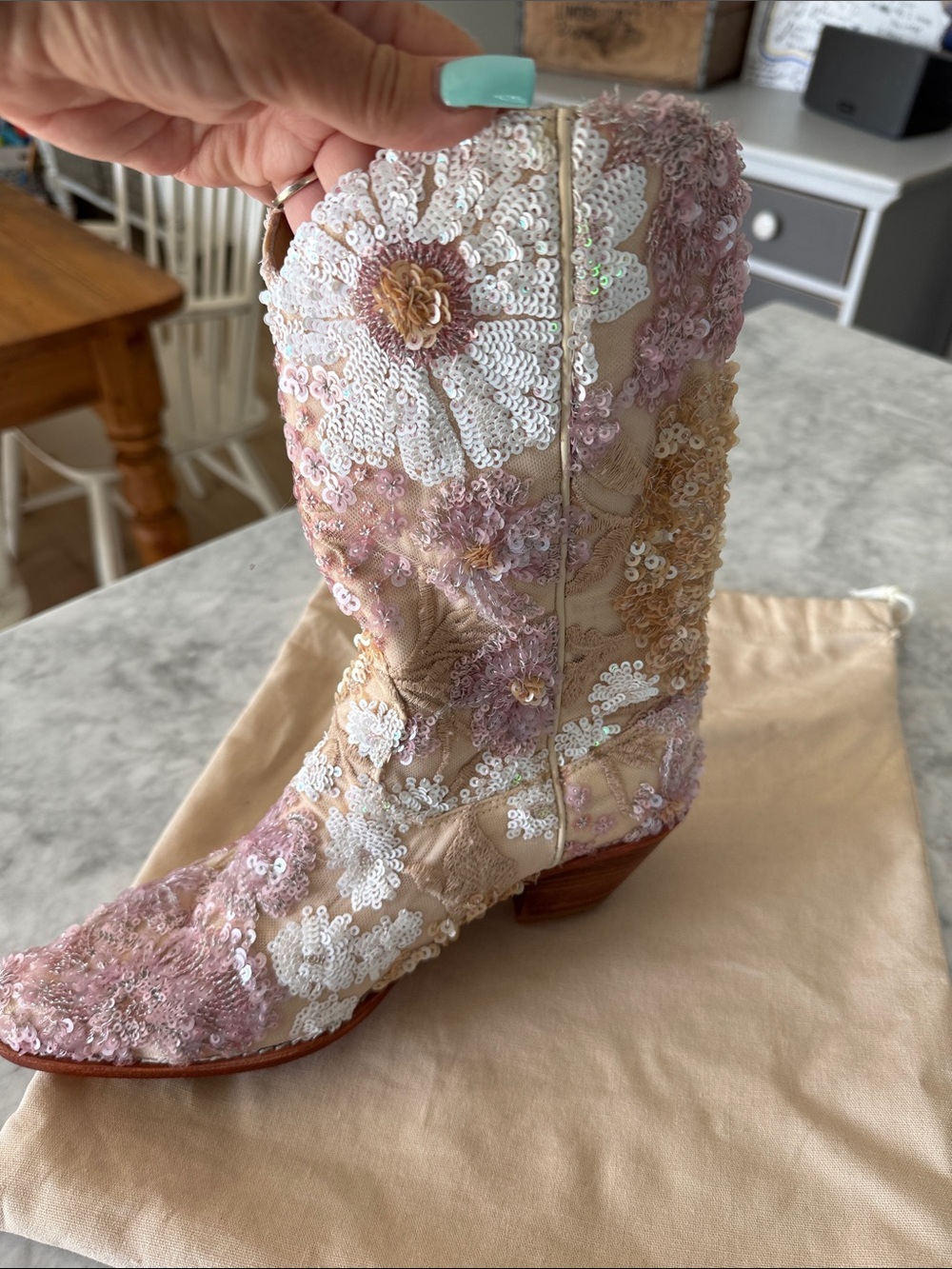 Momo New York Beige & Pink Sequin Embroidered artisan made Women's Boots - Picture 4 of 8